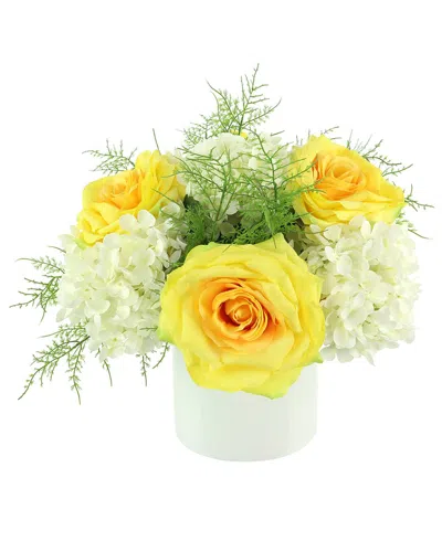 Creative Displays Yellow Roses, White Hydrangeas & Green Ferns Arranged In A  Fiberstone Pot