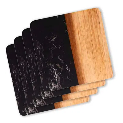Creative Gifts International Set Of 4 Marble And Acacia Wood 4" Square Coasters In Black