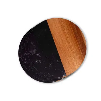 Creative Gifts International Set Of 4 Marble And Acacia Wood Round Coasters In Black/natural In Multi