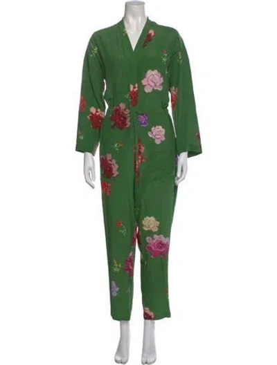 Pre-owned Creatures Of Comfort Silk Floral Print Jumpsuit In Green