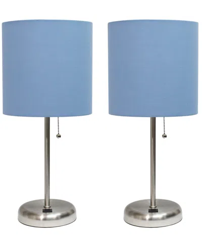 Creekwood Home 19.5" Metal Oslo Contemporary Bedside Duo Table Lamp Set In Brushed Stee,blue Shade
