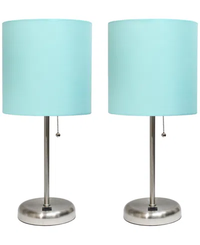 Creekwood Home 19.5" Metal Oslo Contemporary Bedside Duo Table Lamp Set In Brushed Steel,aqua Shade