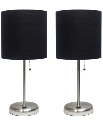 Creekwood Home 19.5" Metal Oslo Contemporary Bedside Duo Table Lamp Set In Brushed Steel,black Shade