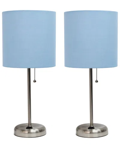 Creekwood Home 19.5" Metal Oslo Contemporary Bedside Duo Table Lamp Set In Brushed Steel,blue Shade