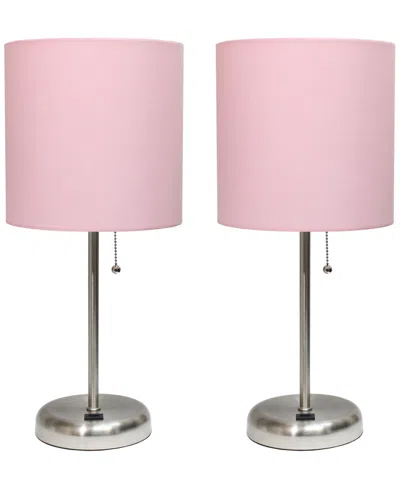 Creekwood Home 19.5" Metal Oslo Contemporary Bedside Duo Table Lamp Set In Brushed Steel,light Pink Shade