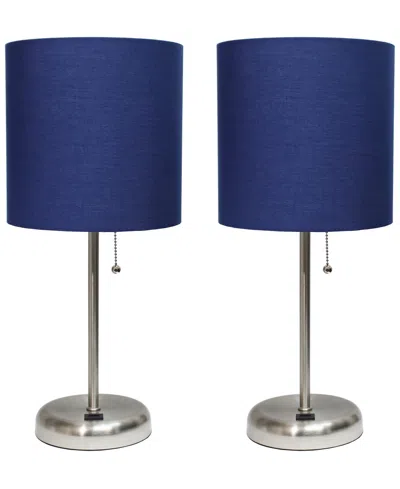 Creekwood Home 19.5" Metal Oslo Contemporary Bedside Duo Table Lamp Set In Brushed Steel,navy Blue Shade
