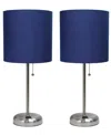 Creekwood Home 19.5" Metal Oslo Contemporary Bedside Duo Table Lamp Set In Brushed Steel,navy Blue Shade