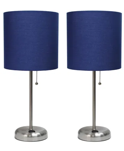 Creekwood Home 19.5" Metal Oslo Contemporary Bedside Duo Table Lamp Set In Brushed Steel,navy Blue Shade