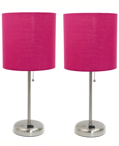 Creekwood Home 19.5" Metal Oslo Contemporary Bedside Duo Table Lamp Set In Brushed Steel,pink Shade
