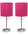 Creekwood Home 19.5" Metal Oslo Contemporary Bedside Duo Table Lamp Set In Brushed Steel,pink Shade