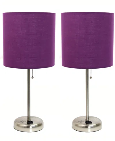 Creekwood Home 19.5" Metal Oslo Contemporary Bedside Duo Table Lamp Set In Brushed Steel,purple Shade