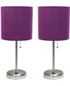 Creekwood Home 19.5" Metal Oslo Contemporary Bedside Duo Table Lamp Set In Brushed Steel,purple Shade