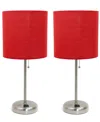 Creekwood Home 19.5" Metal Oslo Contemporary Bedside Duo Table Lamp Set In Brushed Steel,red Shade