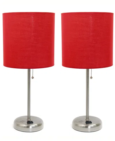 Creekwood Home 19.5" Metal Oslo Contemporary Bedside Duo Table Lamp Set In Brushed Steel,red Shade