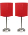 Creekwood Home 19.5" Metal Oslo Contemporary Bedside Duo Table Lamp Set In Brushed Steel,red Shade