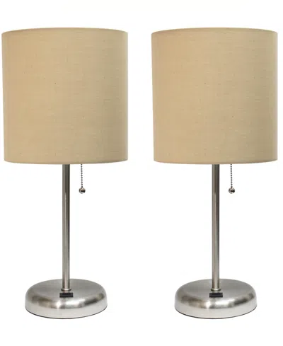 Creekwood Home 19.5" Metal Oslo Contemporary Bedside Duo Table Lamp Set In Brushed Steel,tan Shade