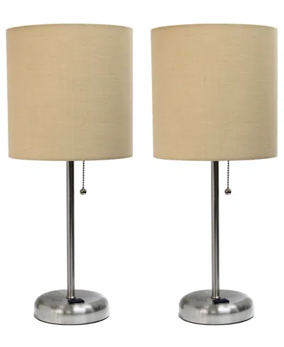 Creekwood Home 19.5" Metal Oslo Contemporary Bedside Duo Table Lamp Set In Brushed Steel,tan Shade