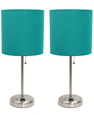 Creekwood Home 19.5" Metal Oslo Contemporary Bedside Duo Table Lamp Set In Brushed Steel,teal Shade