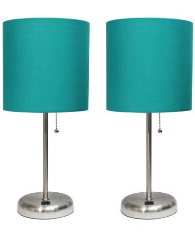 Creekwood Home 19.5" Metal Oslo Contemporary Bedside Duo Table Lamp Set In Brushed Steel,teal Shade