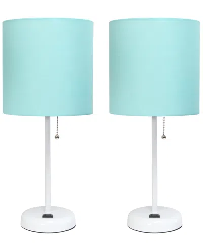 Creekwood Home 19.5" Metal Oslo Contemporary Bedside Duo Table Lamp Set In White Base,aqua Shade