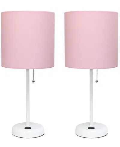 Creekwood Home 19.5" Metal Oslo Contemporary Bedside Duo Table Lamp Set In White Base,light Pink Shade