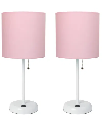 Creekwood Home 19.5" Metal Oslo Contemporary Bedside Duo Table Lamp Set In White Base,light Pink Shade
