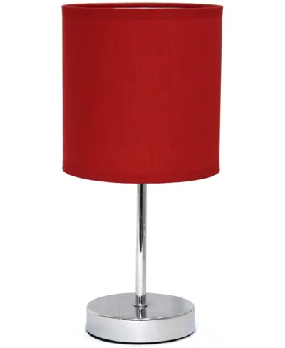 Creekwood Home Nauru 11.81" Traditional Petite Metal Stick Bedside Table Desk Lamp In Chrome With Fabric Drum Shade In Red