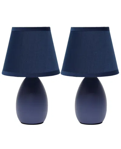 Creekwood Home Nauru 9.45" Traditional Petite Ceramic Oblong Bedside Table Desk Lamp Two Pack Set, Tapered Drum Fab In Blue