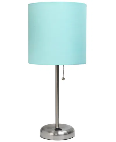 Creekwood Home Oslo 19.5" Contemporary Bedside Standard Metal Table Desk Lamp With White Drum Fabric Shade In Br.steel,aqua Shade
