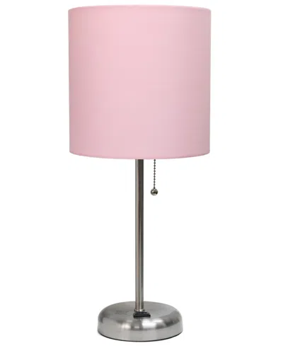 Creekwood Home Oslo 19.5" Contemporary Bedside Standard Metal Table Desk Lamp With White Drum Fabric Shade In Br.steel,light Pink