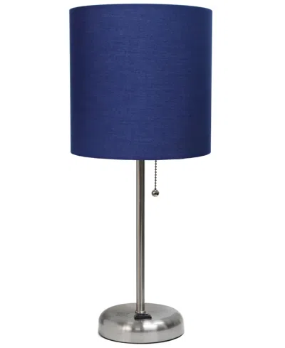 Creekwood Home Oslo 19.5" Contemporary Bedside Standard Metal Table Desk Lamp With White Drum Fabric Shade In Br.steel,navy Blue