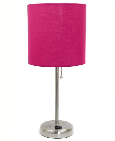 Creekwood Home Oslo 19.5" Contemporary Bedside Standard Metal Table Desk Lamp With White Drum Fabric Shade In Br.steel,pink Shade