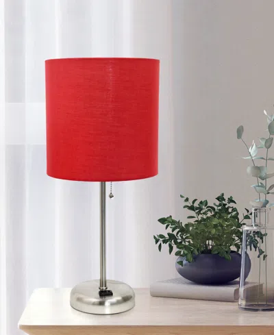 Creekwood Home Oslo 19.5" Contemporary Bedside Standard Metal Table Desk Lamp With White Drum Fabric Shade In Br.steel,red Shade