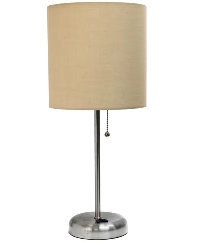 Creekwood Home Oslo 19.5" Contemporary Bedside Standard Metal Table Desk Lamp With White Drum Fabric Shade In Br.steel,tan Shade