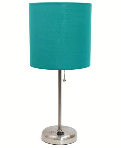 Creekwood Home Oslo 19.5" Contemporary Bedside Standard Metal Table Desk Lamp With White Drum Fabric Shade In Br.steel,teal Shade