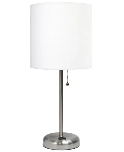 Creekwood Home Oslo 19.5" Contemporary Bedside Standard Metal Table Desk Lamp With White Drum Fabric Shade In Br.steel,white Shade