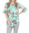 Crepas Floral Bell Sleeve Tunic With Croche In Turquoise In Blue