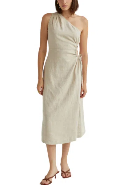 Crescent Aura One Shoulder Flax Linen Midi Dress In Oatmeal