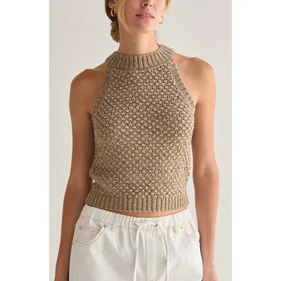 Crescent Basket Weave Halter Knit Top In Brown