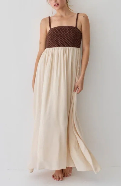 Crescent Basket Weave Mixed Media Maxi Dress In Neutral