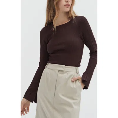 Crescent Bell Sleeve Ribbed Knit Top In Espresso