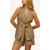 Crescent Belted Sleeveless Blazer In Taupe