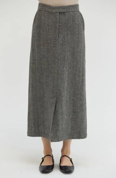 Crescent Brushed Herringbone Midi Skirt In Grey