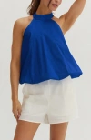 Crescent Bubble Hem Poplin Halter Top In Blue