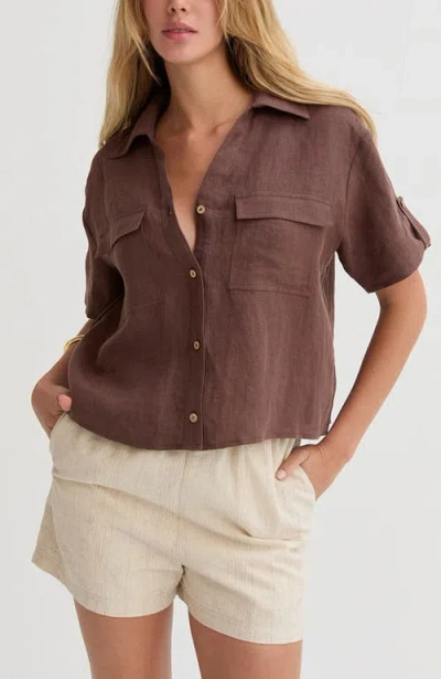 Crescent Button Down Short Sleeve Linen Top In Brown