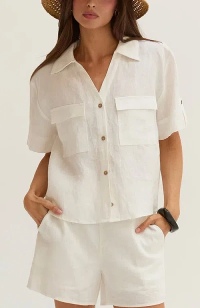 Crescent Button Down Short Sleeve Linen Top In White