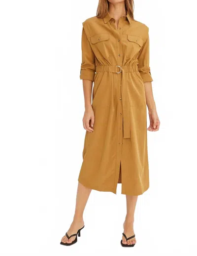 Crescent Button Up Utility Midi Dress In Brown