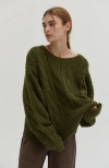 Crescent Cable Crewneck Sweater In Olive