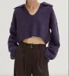 Crescent Waffle Polo Crop Sweater In Purple