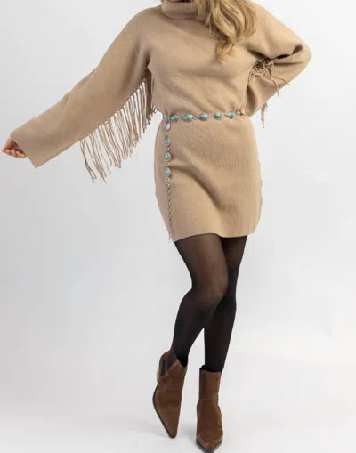 Crescent Charley Fringed Sweater Dress In Tan In Beige